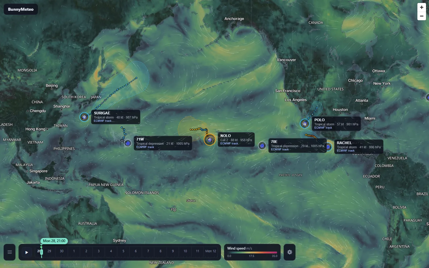 BunnyMeteo in dark mode showing tropical cyclone tracks and forecast cones across the Pacific