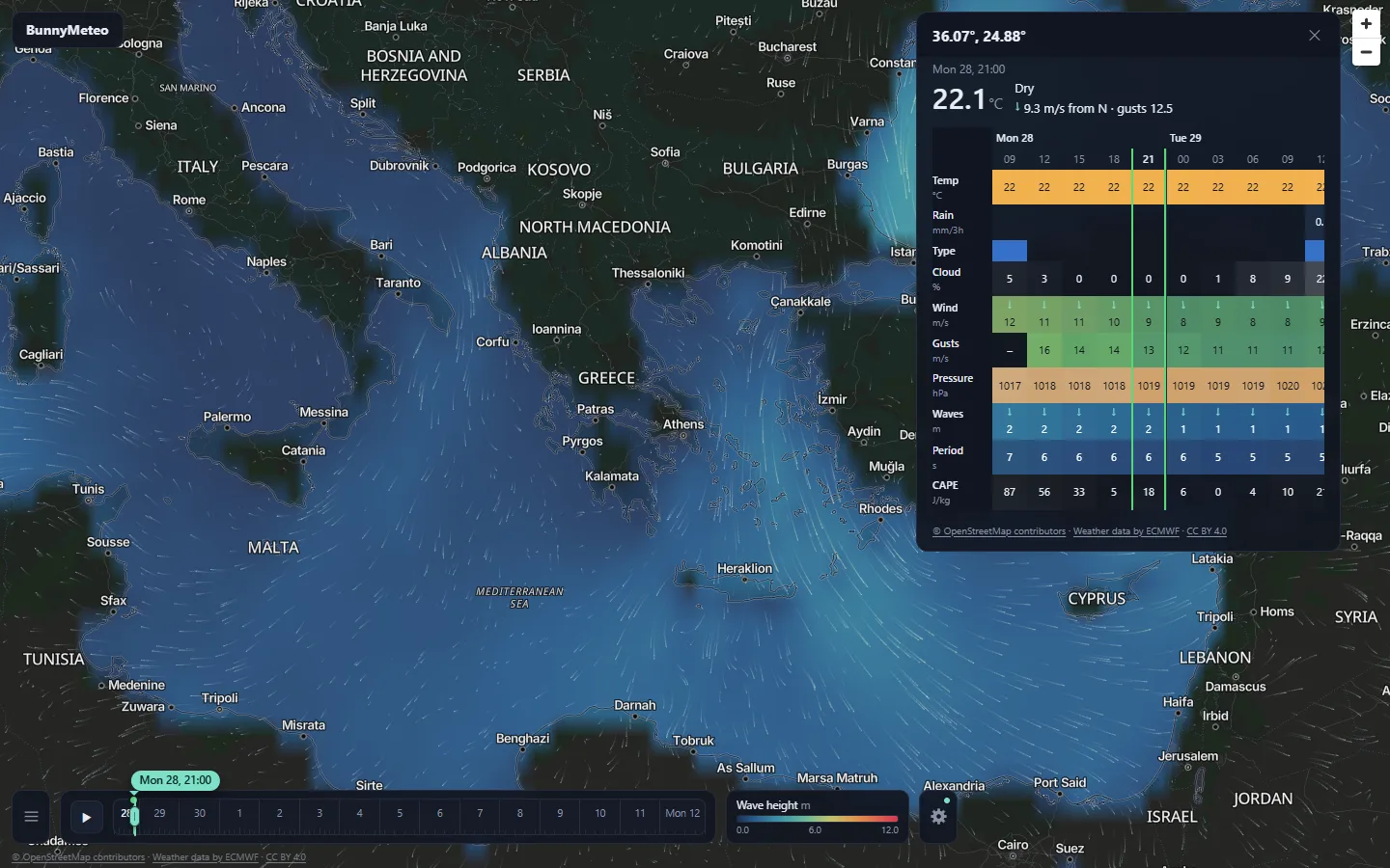 BunnyMeteo forecast table in dark mode: temperature, rain, cloud, wind, gusts, pressure, waves and CAPE by hour