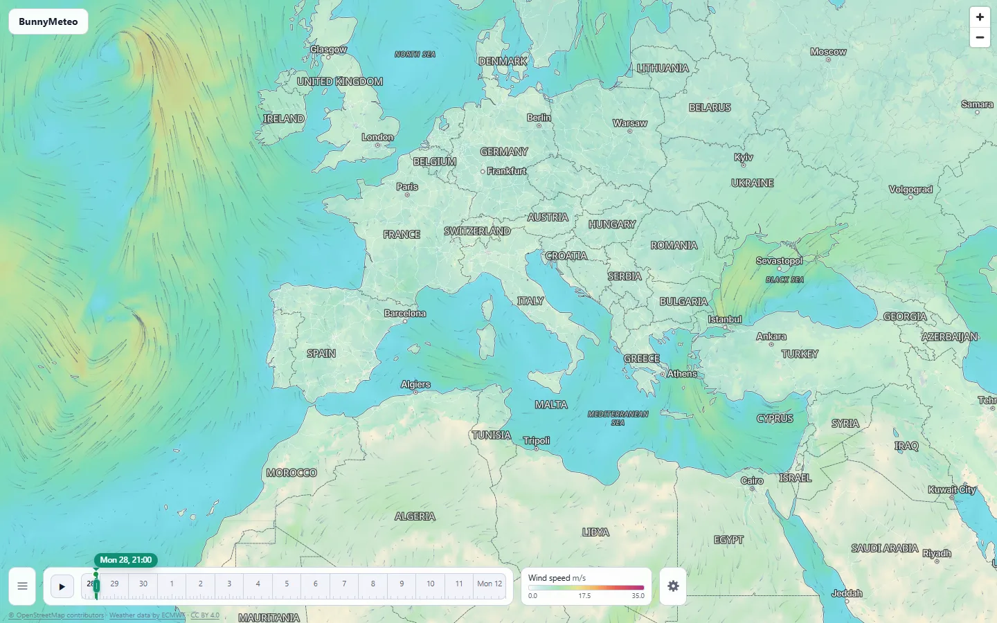 BunnyMeteo map of Europe with the wind speed layer and animated wind particles