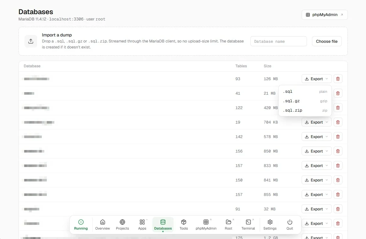 BunnyStack databases: import a dump and export any database as .sql, .sql.gz or .sql.zip