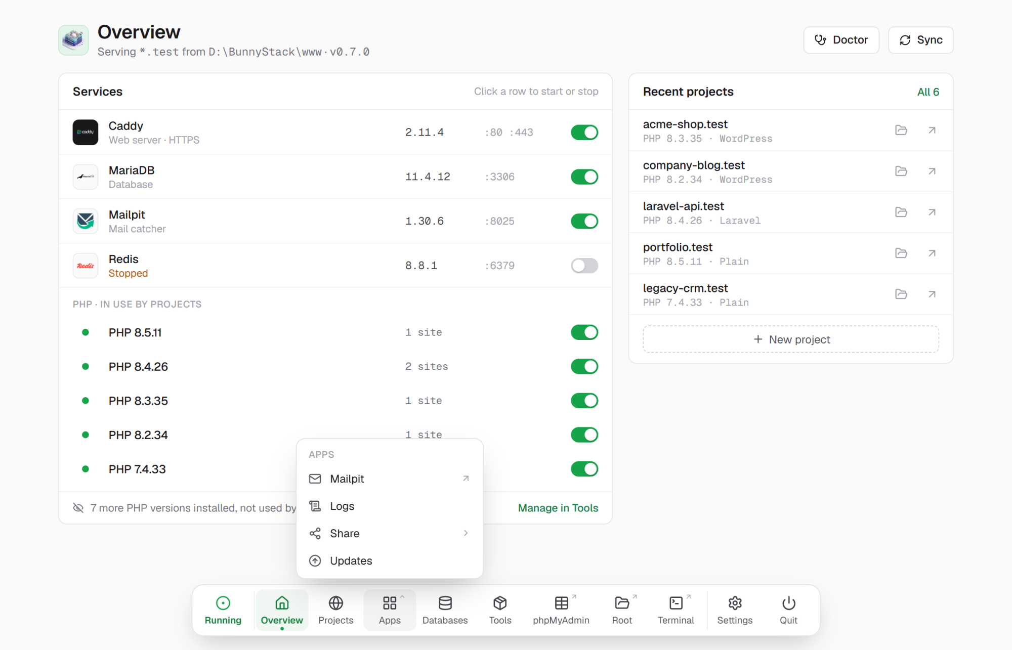 The BunnyStack Apps group: Mailpit, Logs, Share and Updates