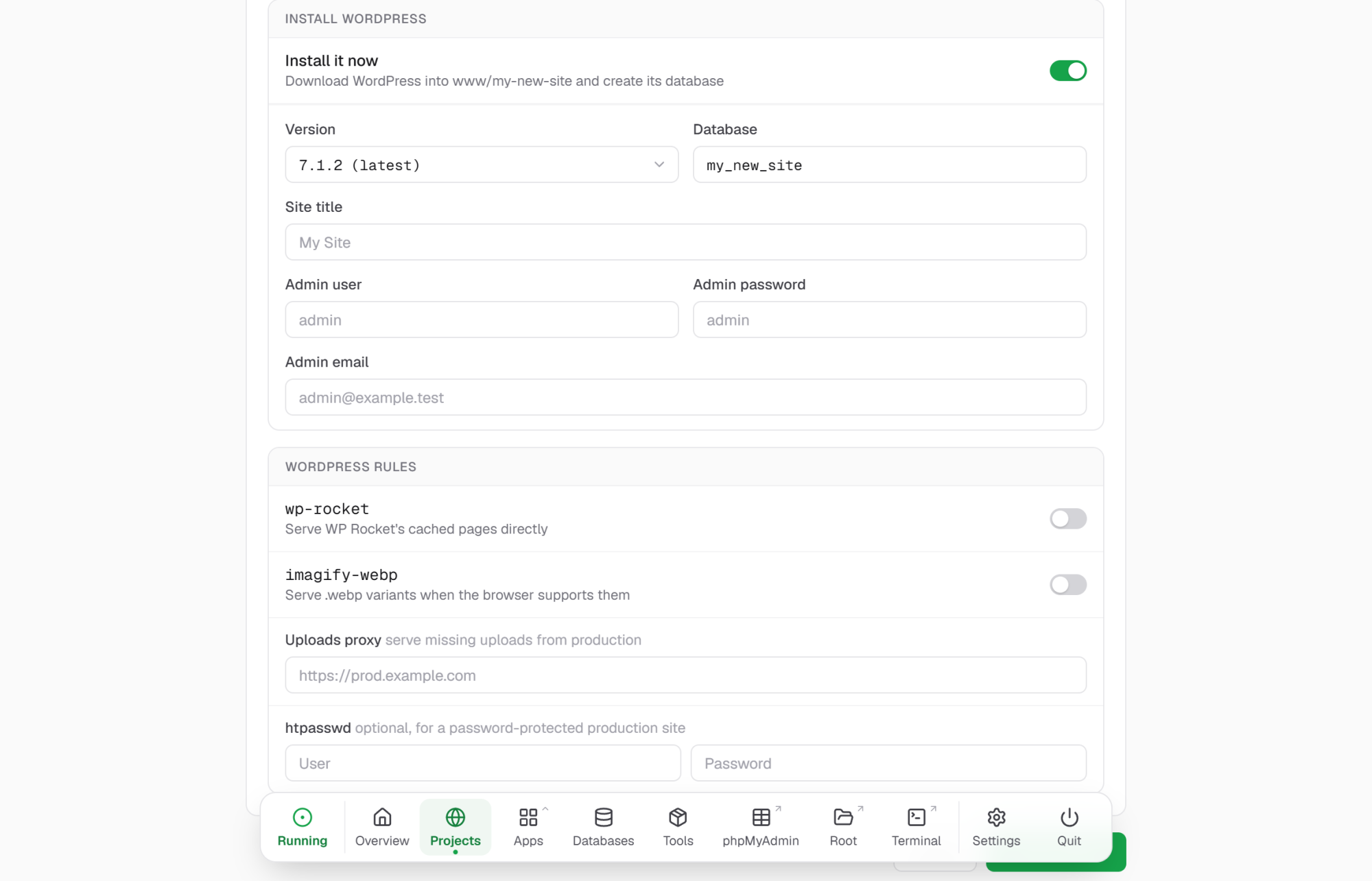 Creating a WordPress project in BunnyStack, with Install it now and the WordPress rules