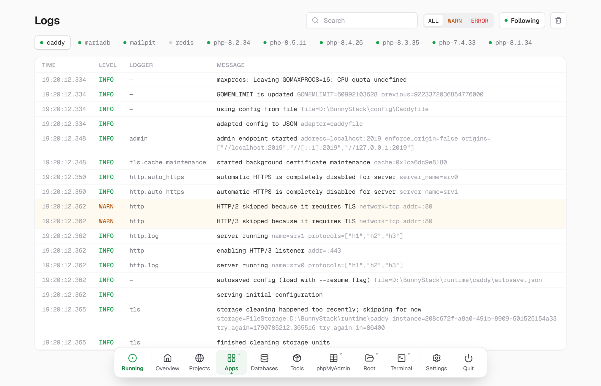 The Logs page showing Caddy's log