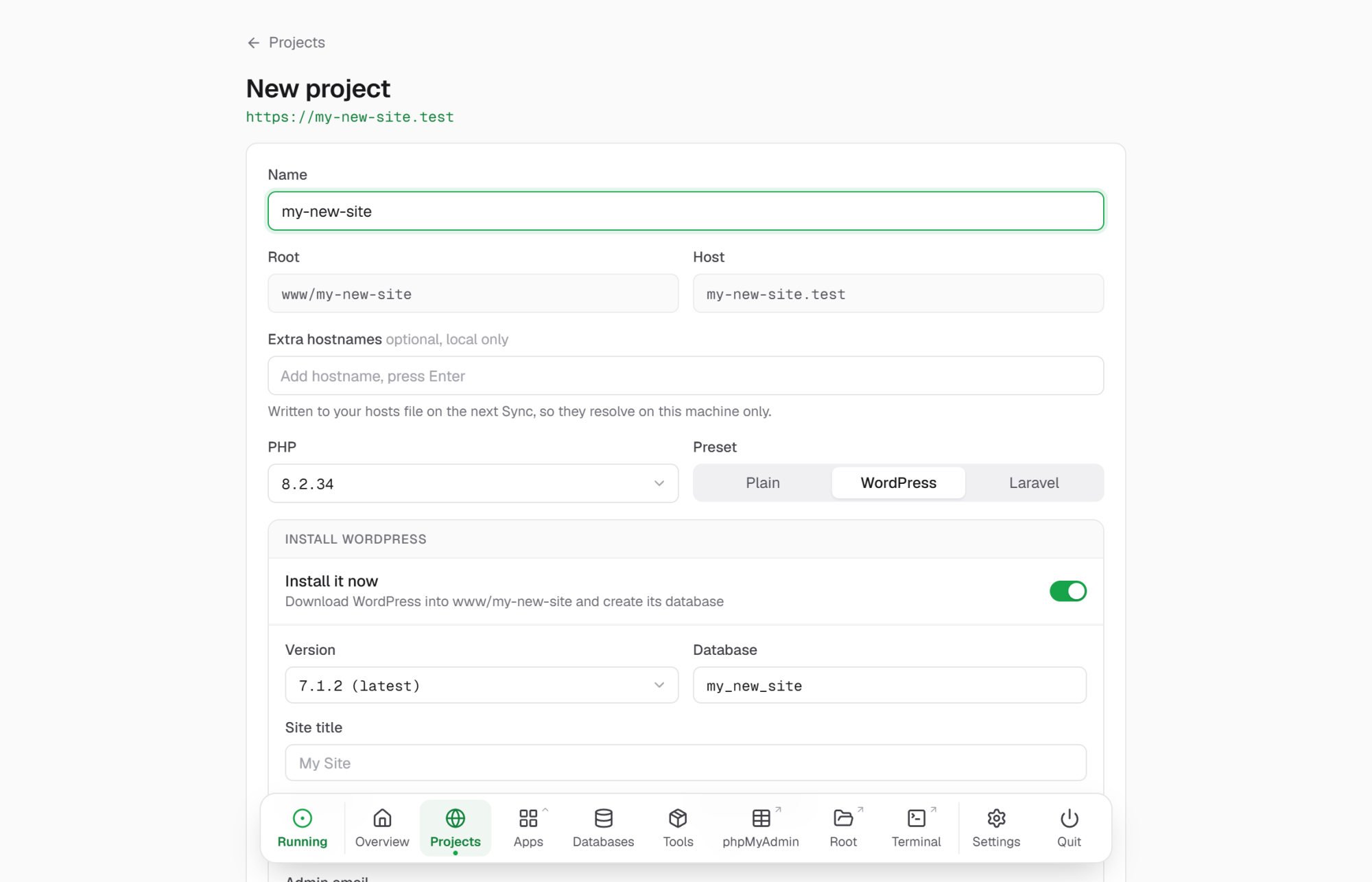 The New project form