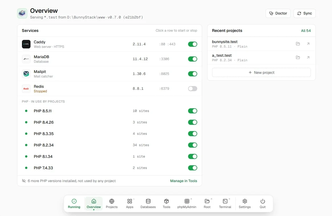 BunnyStack overview: Caddy, MariaDB, Mailpit and several PHP versions running