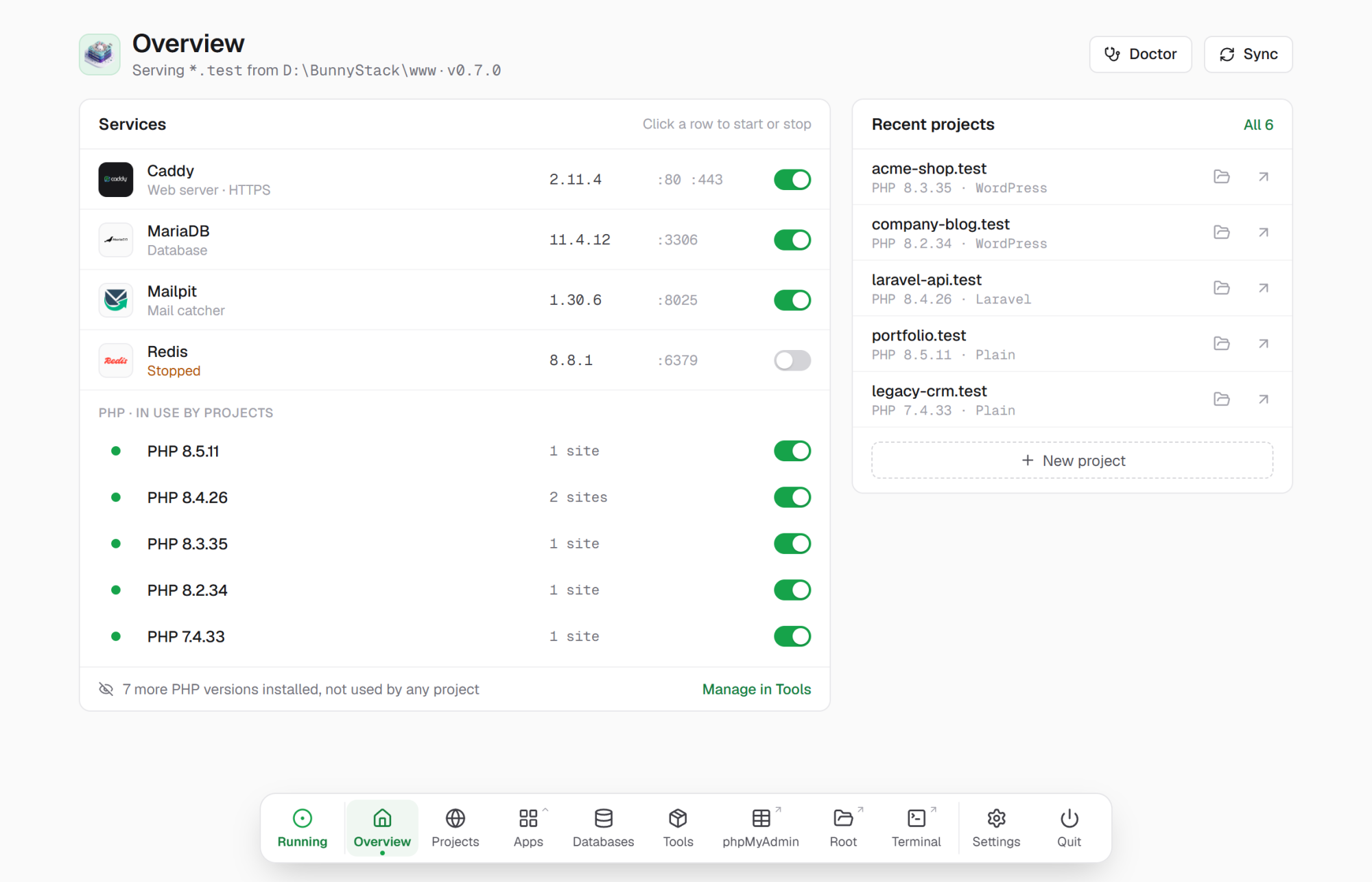 The Overview page: services on the left, recent projects on the right, the dock along the bottom