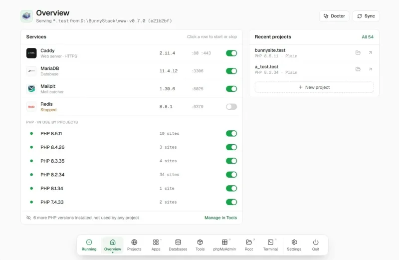 BunnyStack overview: Caddy, MariaDB, Mailpit and several PHP versions running