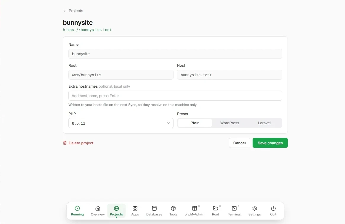 BunnyStack project settings: host, PHP version and preset