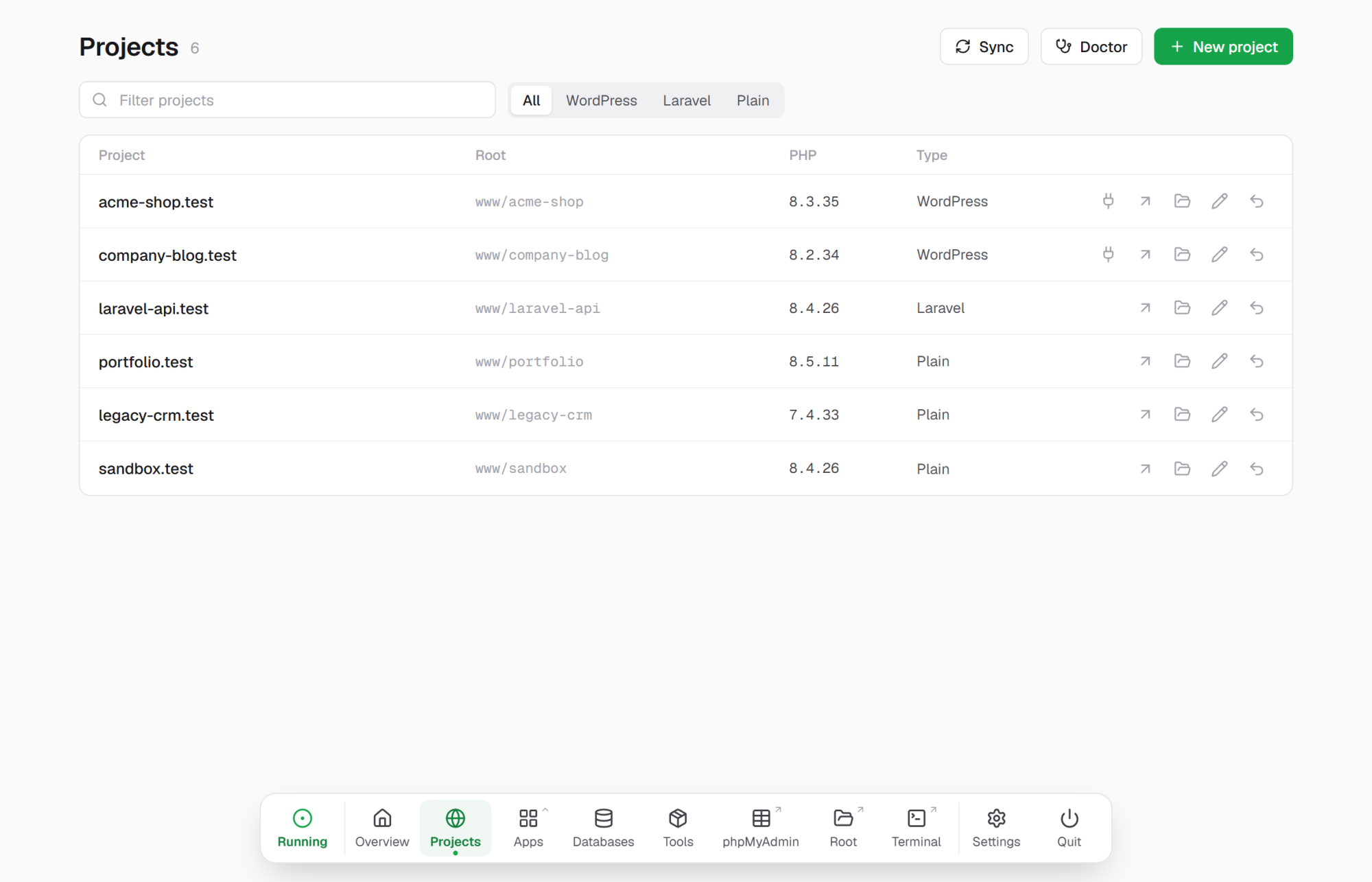 The Projects page, with filters by type and actions on each row