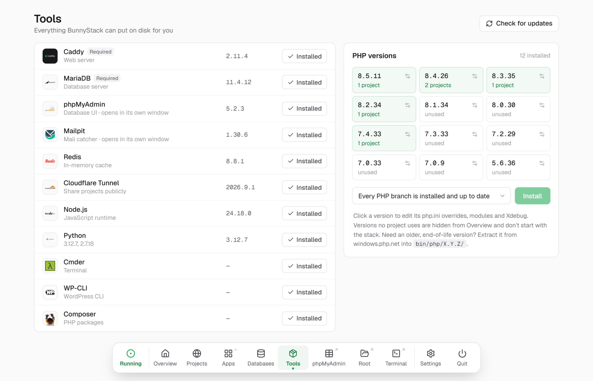 The Tools page: components on the left, PHP versions on the right