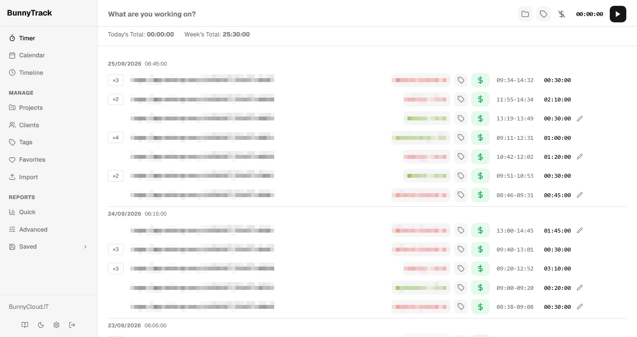 BunnyTrack timer: time entries grouped by day, with projects, tags and billable status