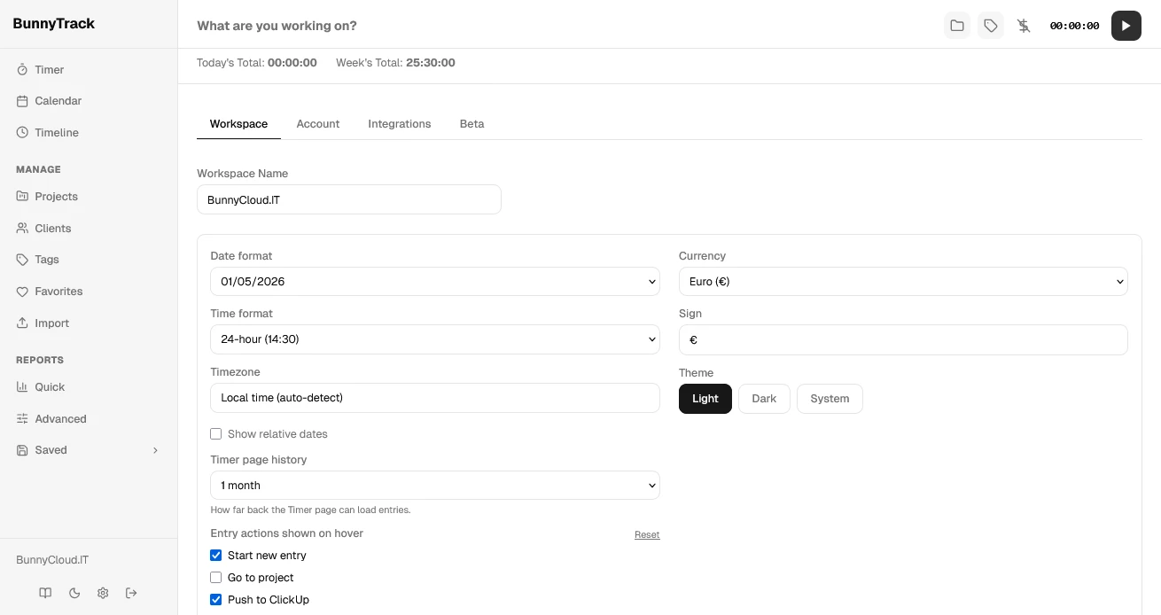 BunnyTrack workspace settings: date and time format, currency, timezone and theme